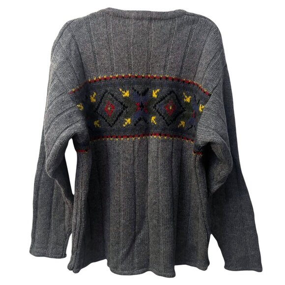 Vintage Y2K Eddie Bauer Intarsia Wool Sweater L Geo Graphic Pattern Stripe Gray - Picture 2 of 4